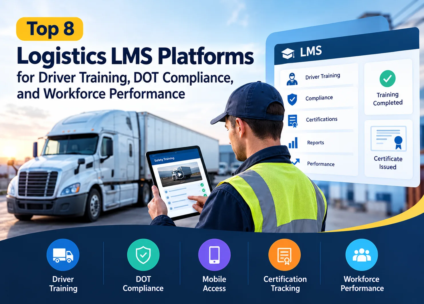 Top 8 logistics LMS platforms compared for driver training, DOT compliance, mobile learning, certification tracking, and workforce performance, featuring a professional truck driver using a tablet alongside an LMS dashboard with safety training, compliance records, reports, and certification management icons.